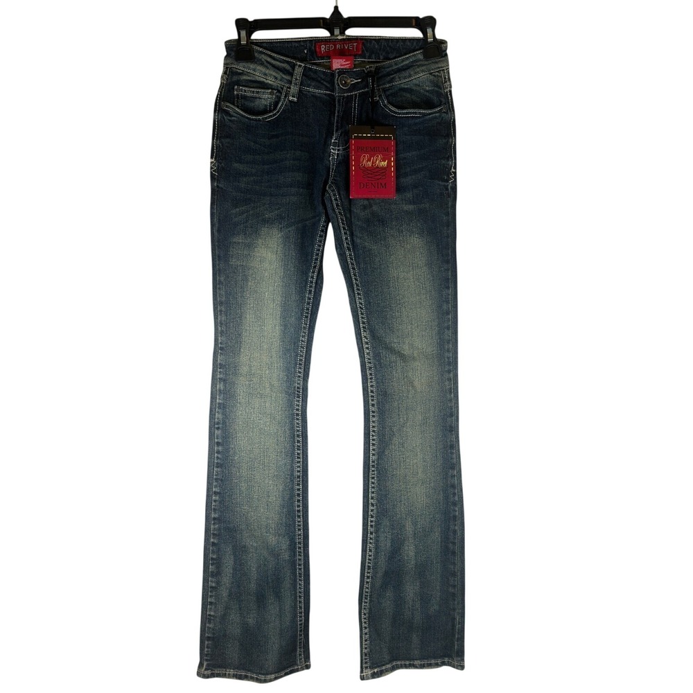 Red Rivet Bootcut Jeans Y2K Blue Cotton Blend Embroidered Size 1